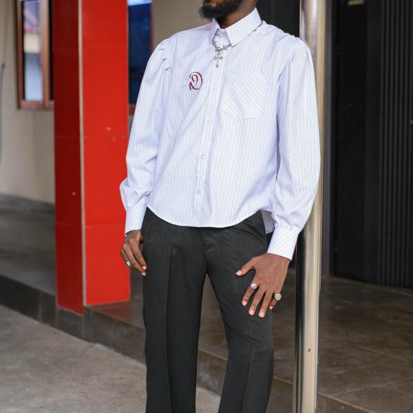 Ballon-sleeve pinstripe button up shirt