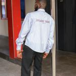 Ballon-sleeve pinstripe button up shirt