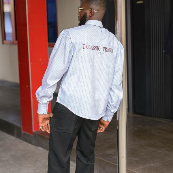 Ballon-sleeve pinstripe button up shirt