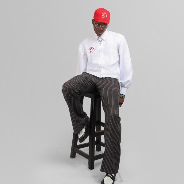 White pinstripe ballon-sleeved shirt