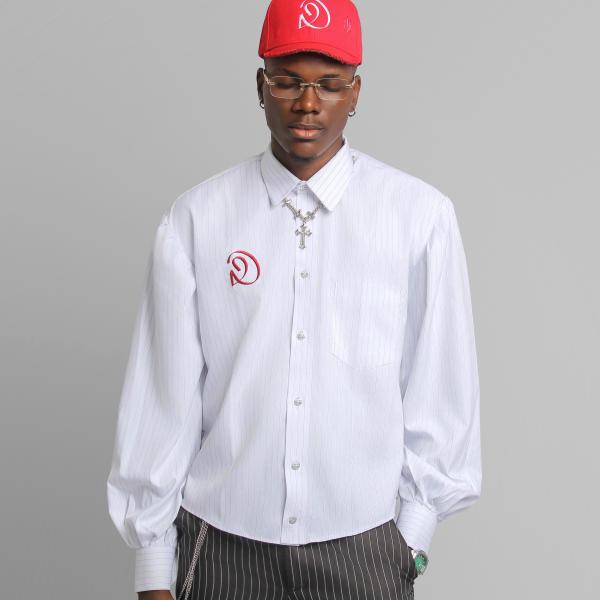 White pinstripe ballon-sleeved shirt