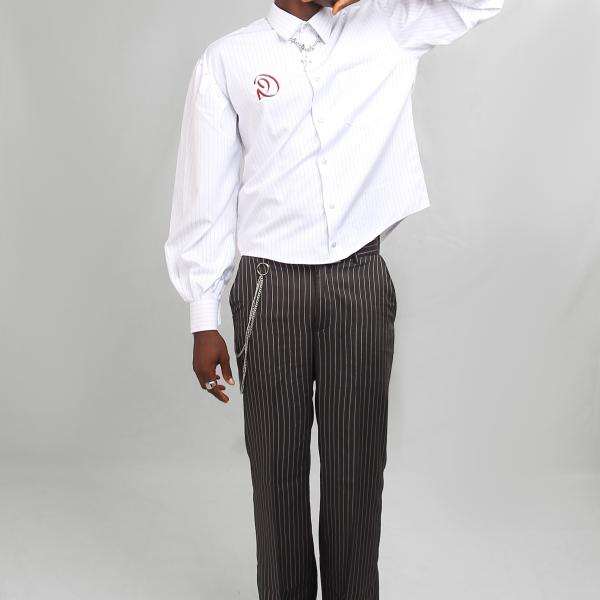White pinstripe ballon-sleeved shirt