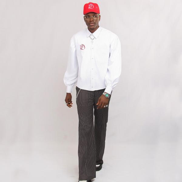 White pinstripe ballon-sleeved shirt
